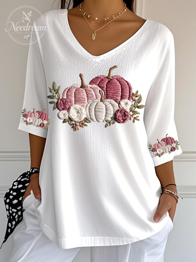 Women's Casual Autumn Pumpkin Bubble Wrinkle Top