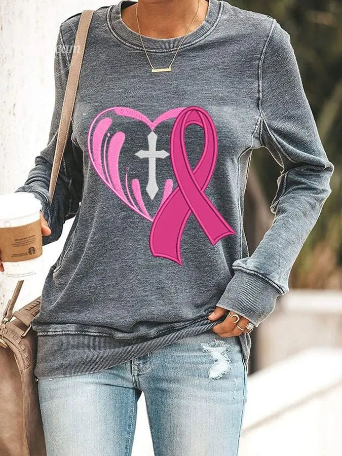 Women's Cross Heart  With Pink Ribbon Embroidered Printed Sweatshirt