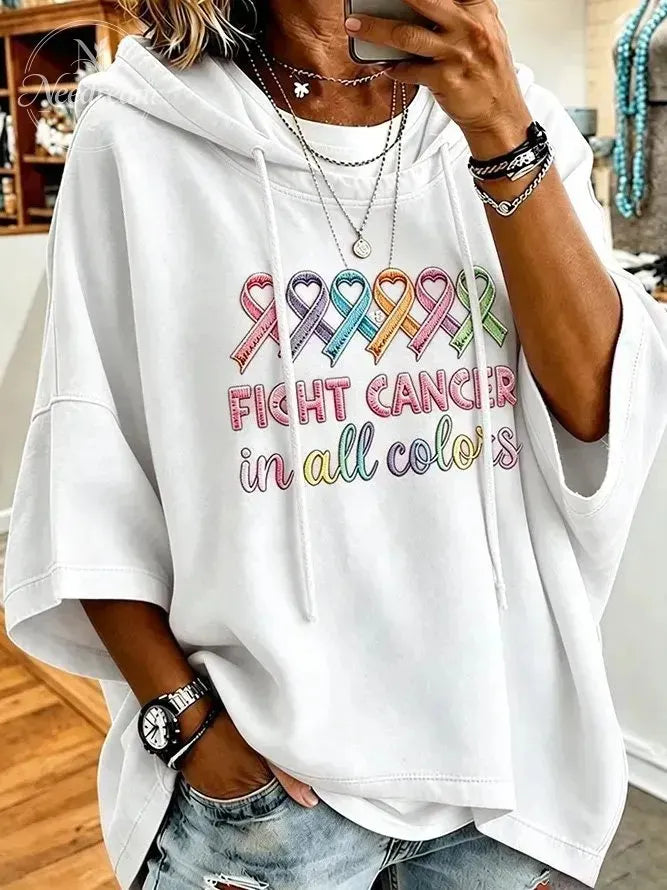 Women's Multicolor Heart Ribbon Slogan Short Sleeve Hoodie