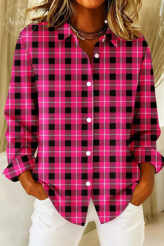 Women's Rose Pink Grid Print Casual Cotton Shirt