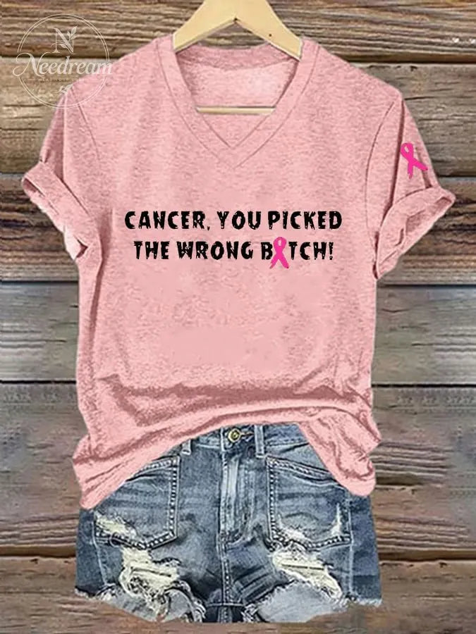Women's Cancer, You Picked The Wrong Bitch Breast Cancer Awareness Printed V-Neck T-Shirt