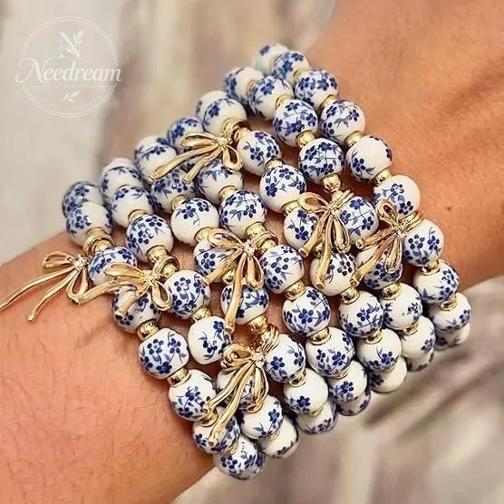 Diamond Studded Bow, Blue Blue Blue And White Porcelain Floral Bead Bracelet