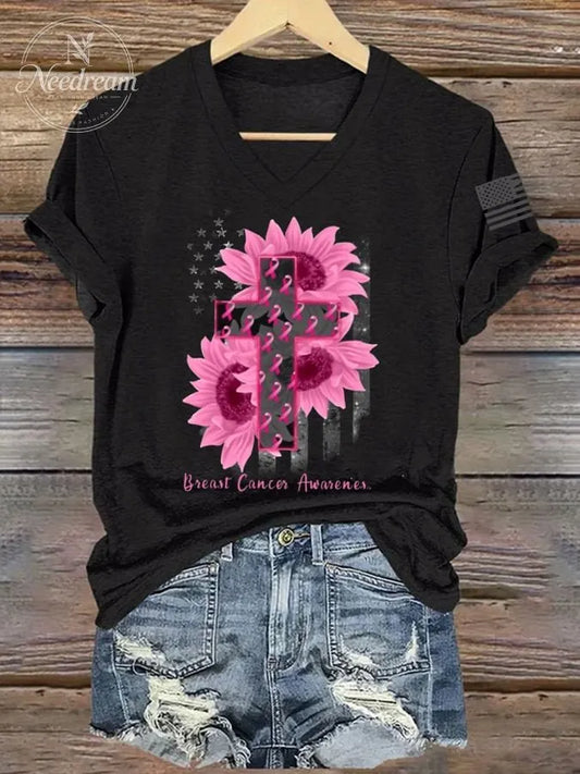 Women's Cross Faith Breast Cancer Awareness Print V Neck Short Sleeve T-Shirt