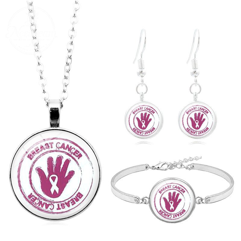 Breast Cancer Pink Ribbon Logo Necklace Set