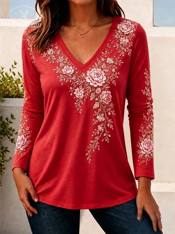 Women Floral Long Sleeve Tee T-shirt V Neck Casual Spring/Fall Top