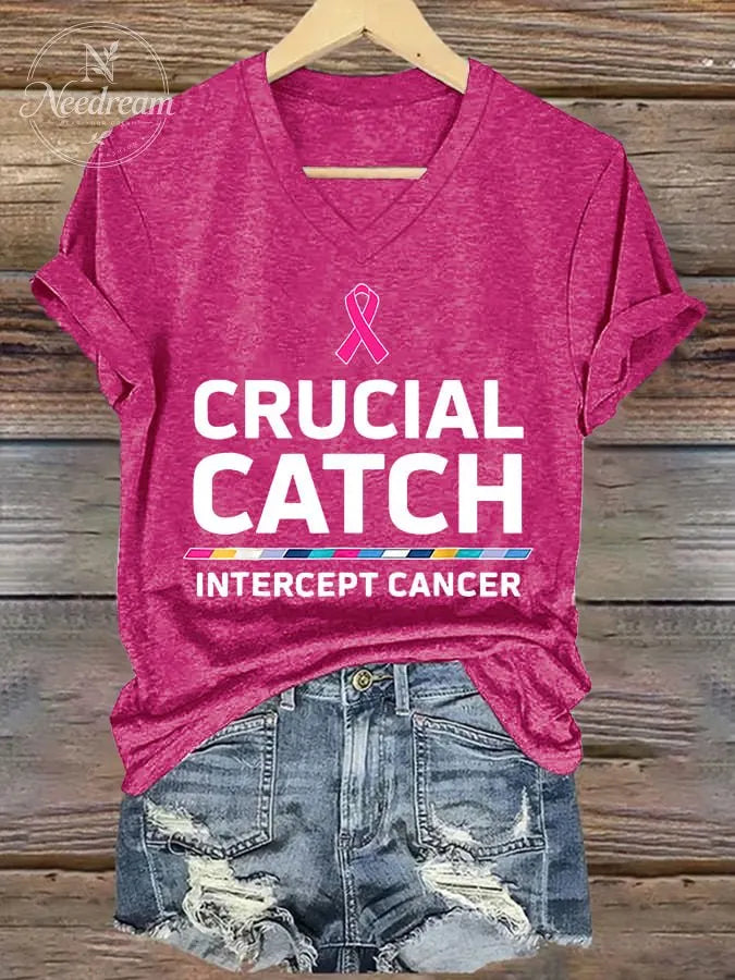 V-neck Retro Breast Cancer Awareness Crucial Catch Intercept Cancer Print T-Shirt
