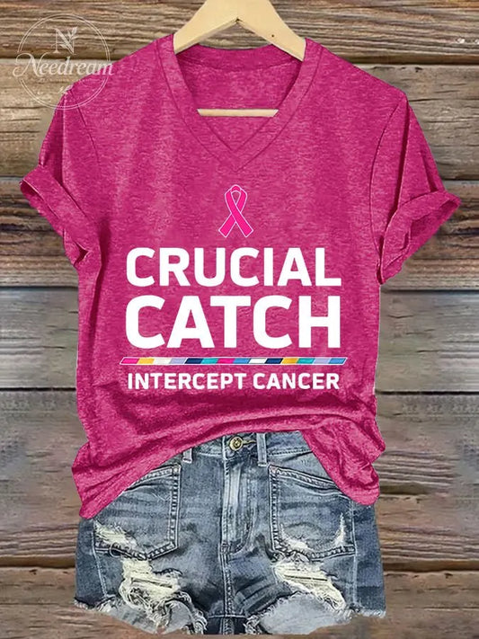 V-neck Retro Breast Cancer Awareness Crucial Catch Intercept Cancer Print T-Shirt