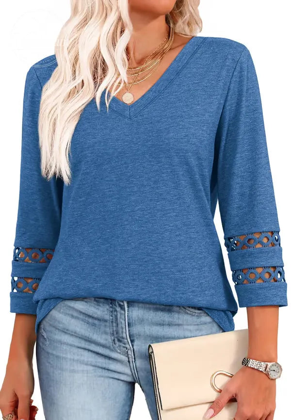 2025 New Womens 3/4 Length Sleeve Tops Trendy V Neck T Shirts
