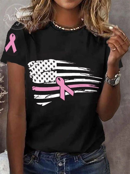 Women's Pink Ribbon Breast Cancer Awareness American Flag Tee
