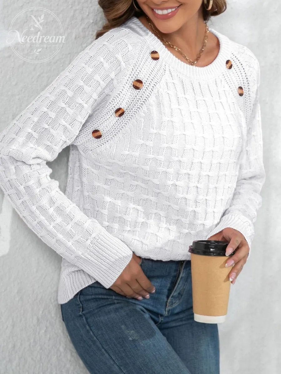 Women's Casual Button Detailed Round Neck Knit Sweater