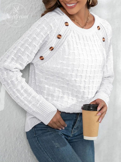 Women's Casual Button Detailed Round Neck Knit Sweater