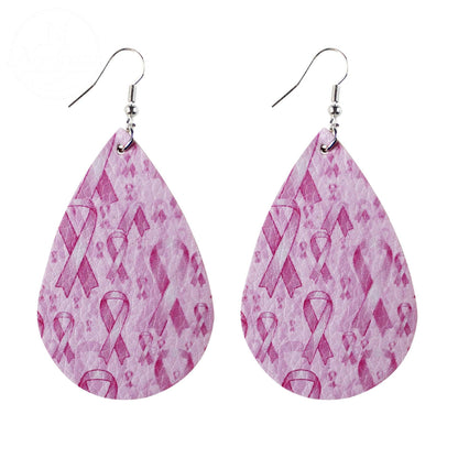 Pink Ribbon Artificial Leather Water Droplet Earrings