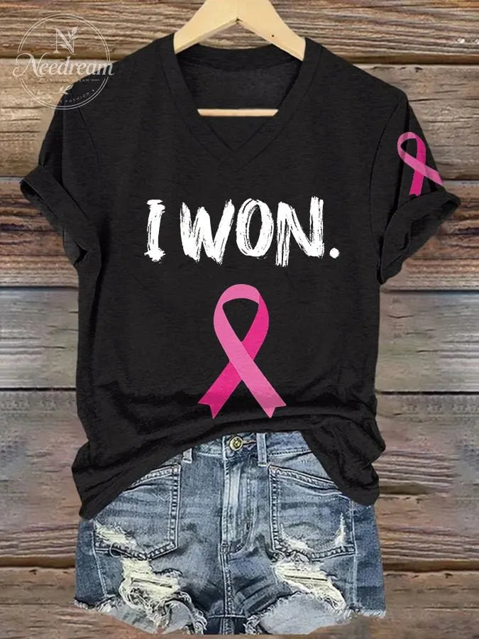 V-neck Retro Breast Cancer Awareness Pink Ribbon I Won Print T-Shirt