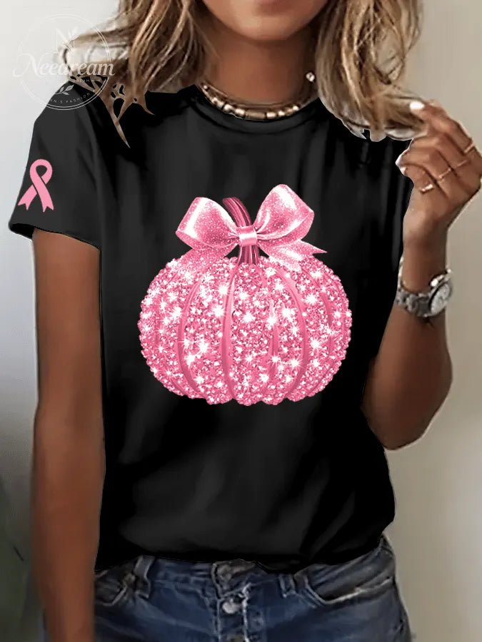 Women's Breast Cancer Sequined Pumpkin Print Crew Neck T-Shirt