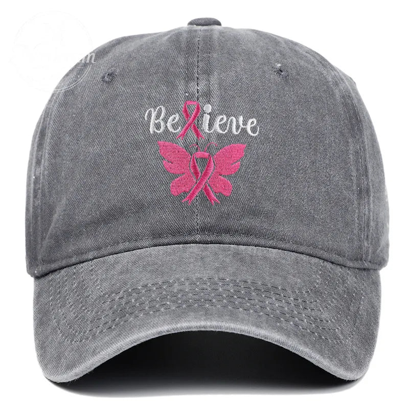 Pink October Breast Love Believe Pattern Embroidered Washed Unisex Baseball Hats