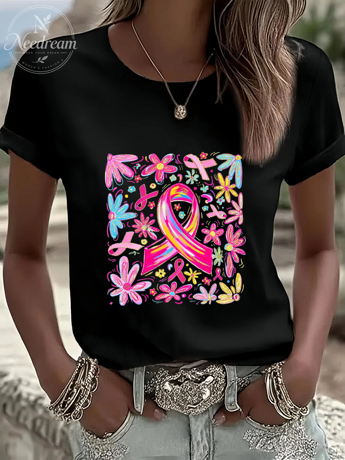 Women'S Comfort Colors Breast Cancer Awareness Casual Round Neck T-Shirt