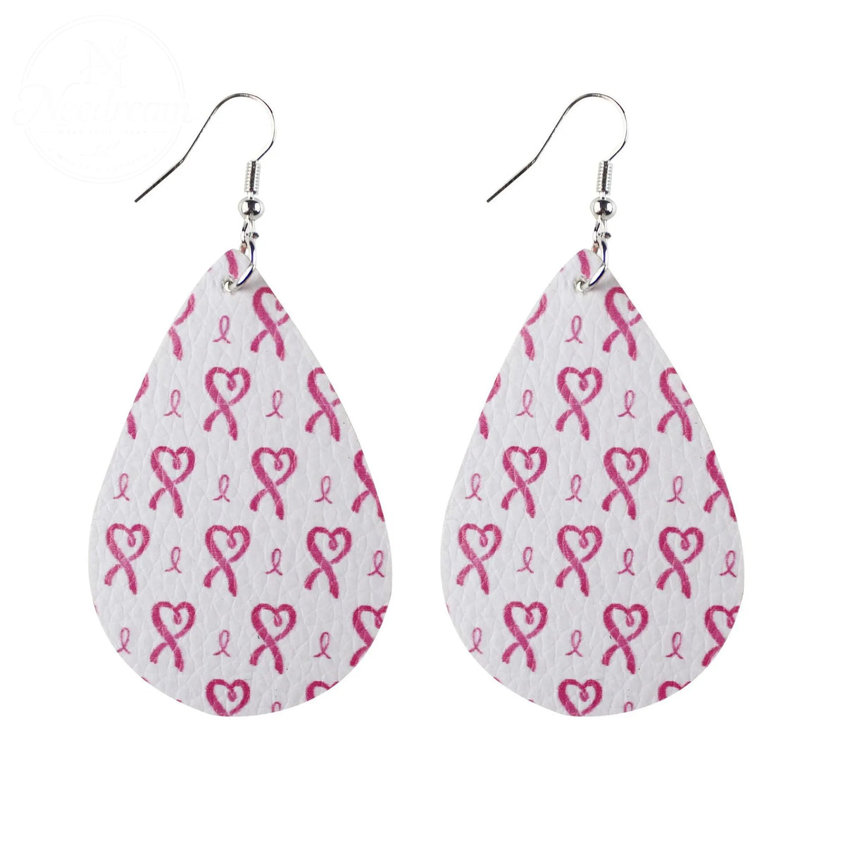 Pink Ribbon Artificial Leather Water Droplet Earrings