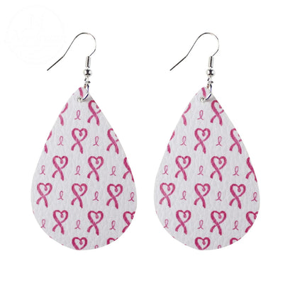 Pink Ribbon Artificial Leather Water Droplet Earrings