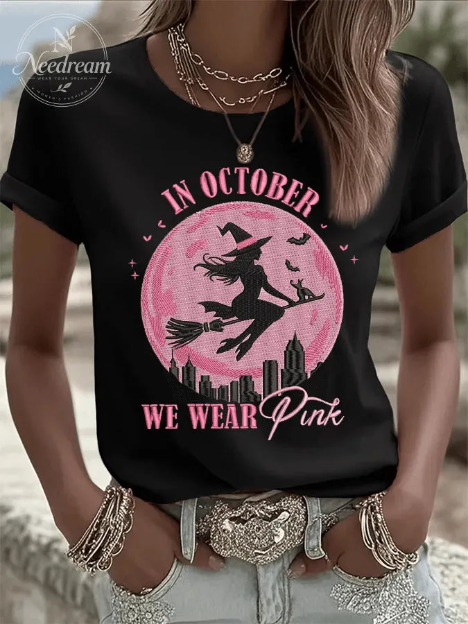 Women's In October We Wear Pink Print Crew Neck T-Shirt
