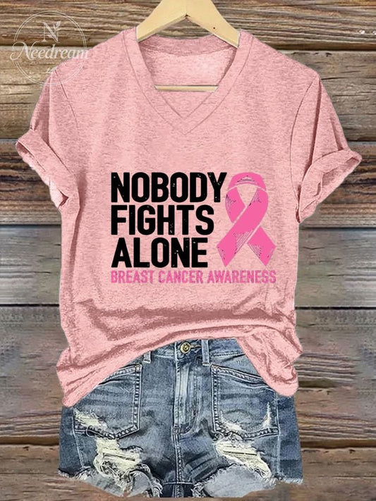 Women's Nobody Fights Alone Breast Cancer Awarenes print casual T-shirt