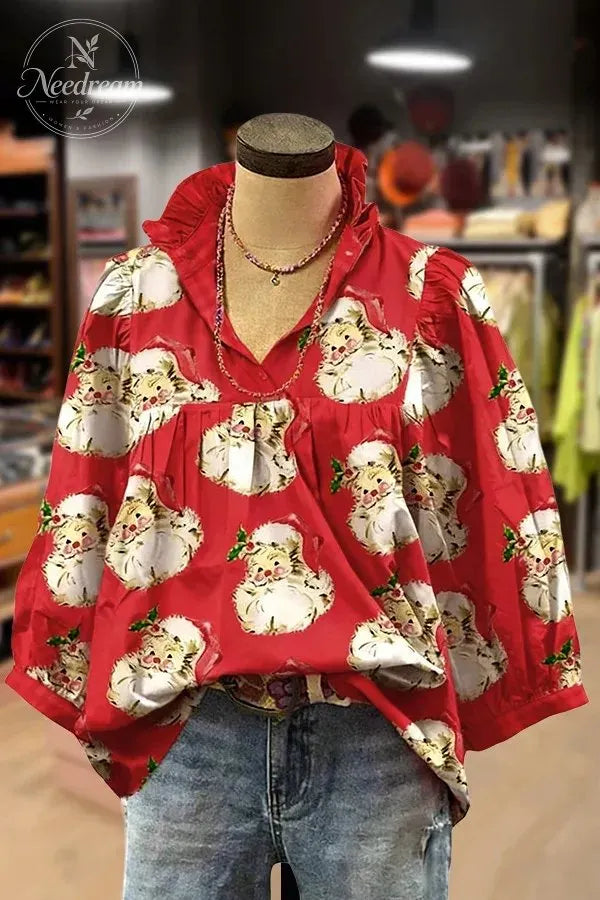Christmas Santa Print Ruffle V-Neck Blouse