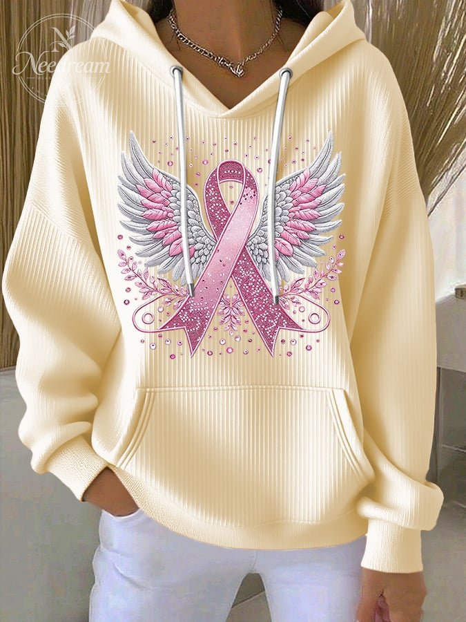 Women's Casual Pink Contrast Ribbon Wings Ribbon Hoodie