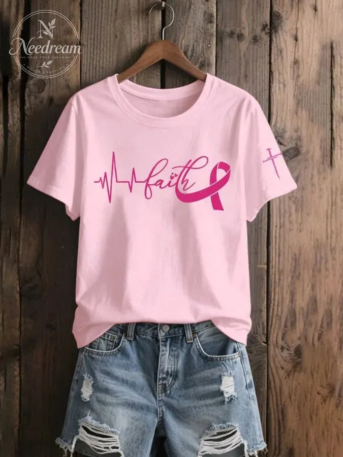 Women's Breast Cancer Awareness Faith Print Casual T-Shirt
