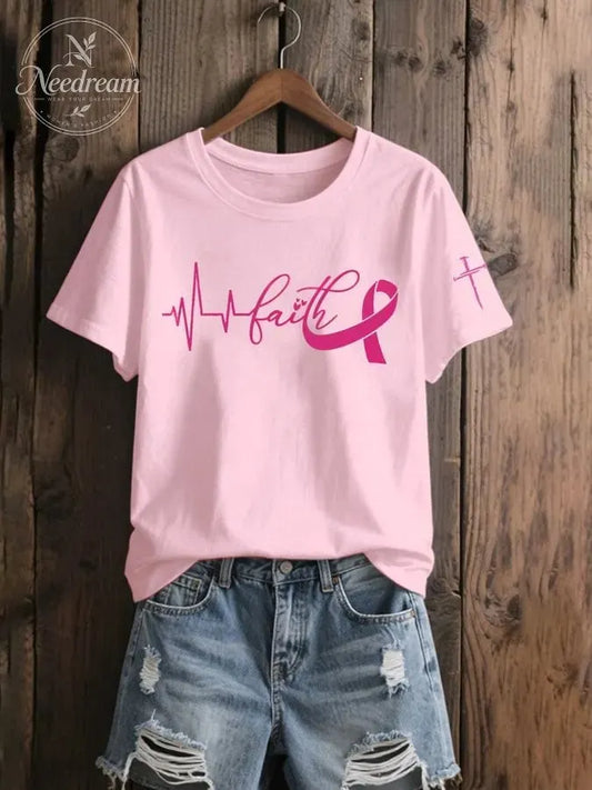 Women's Breast Cancer Awareness Faith Print Casual T-Shirt