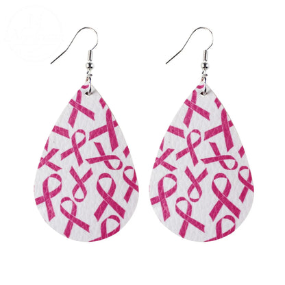 Pink Ribbon Artificial Leather Water Droplet Earrings