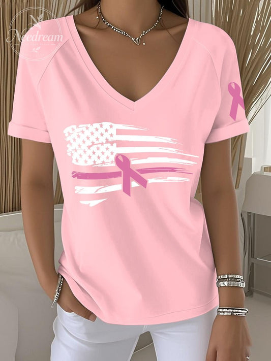Women's Retro USA Breast Cancer Awareness Printed Raglan V-Neck T-Shirt