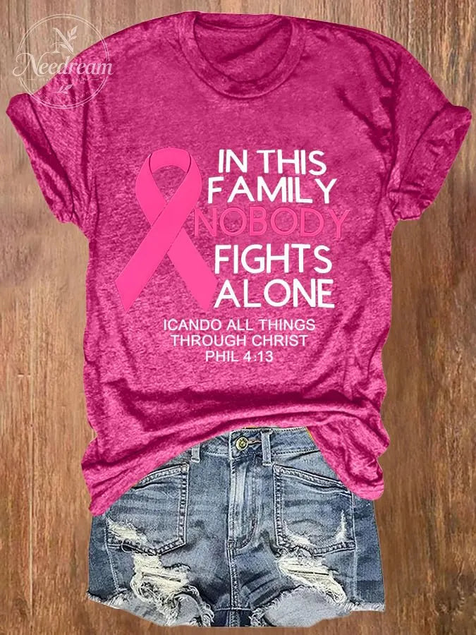 Women's Retro In This Family Nobody Fights Alone Breast Cancer Awareness Print T-Shirt