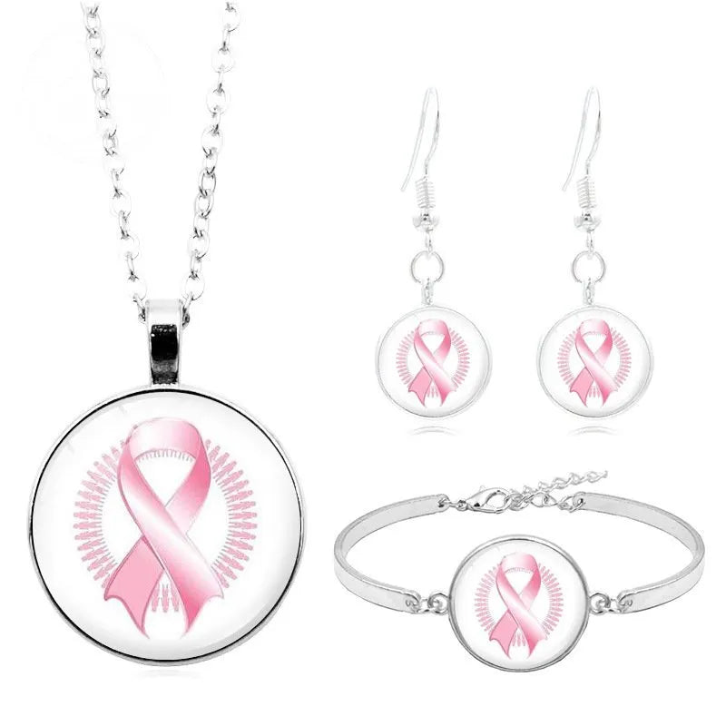 Breast Cancer Pink Ribbon Logo Necklace Set