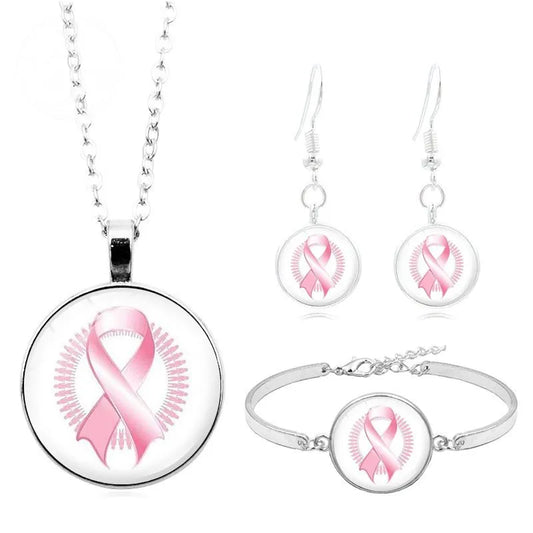 Breast Cancer Pink Ribbon Logo Necklace Set
