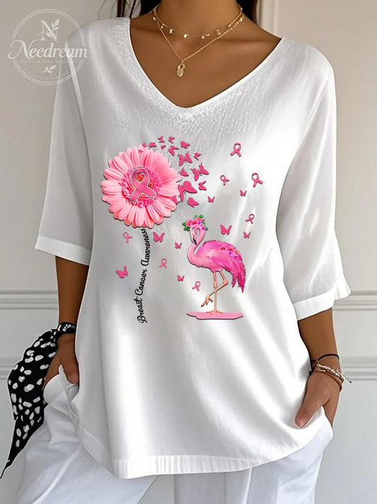 Women's Breast Cancer Pattern Print Wrinkle Top