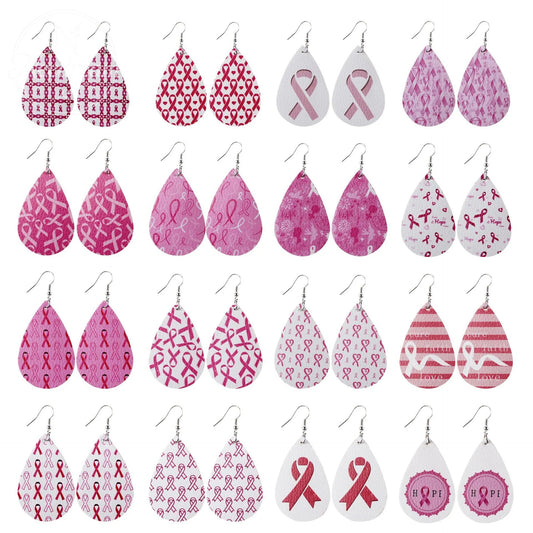 Pink Ribbon Artificial Leather Water Droplet Earrings