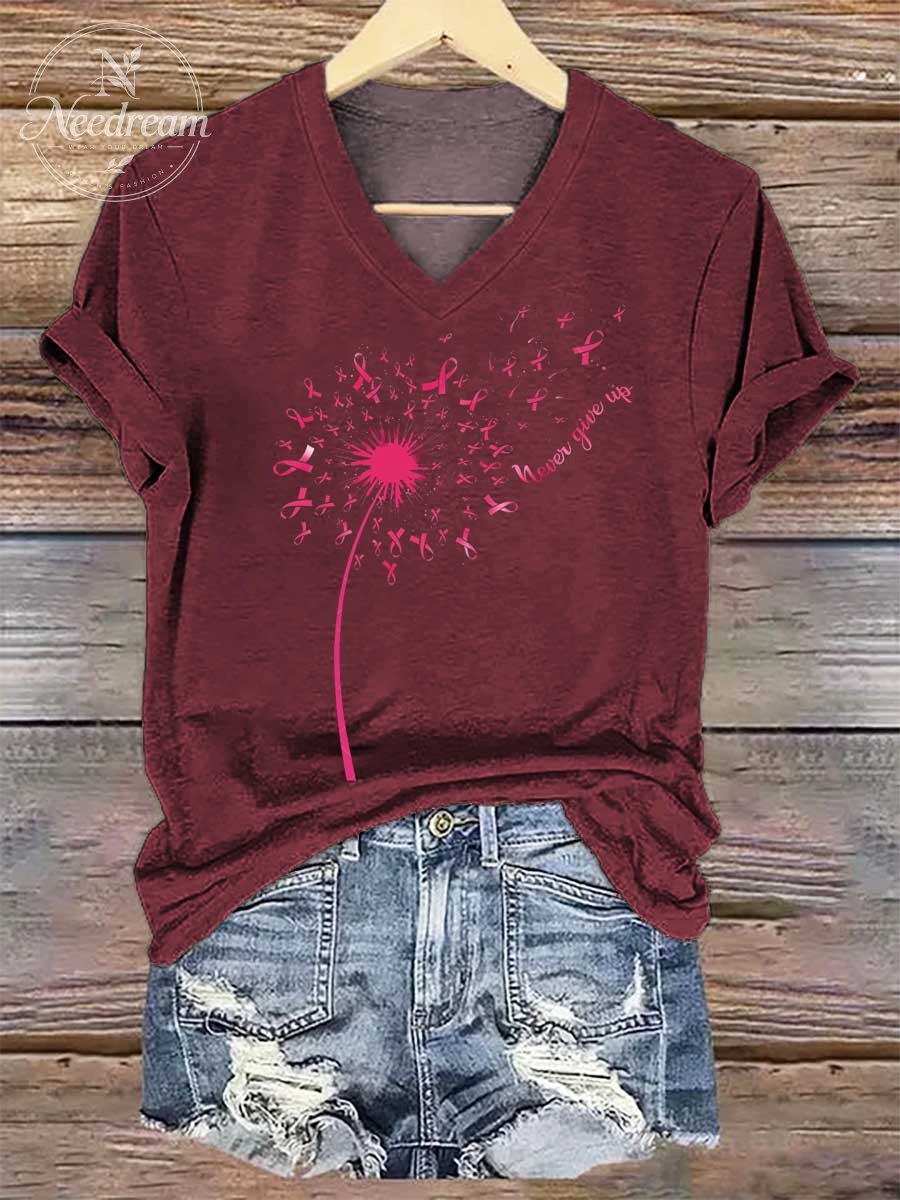 Women's Never Give Up Breast Cancer Awareness V-neck Casual T-Shirt