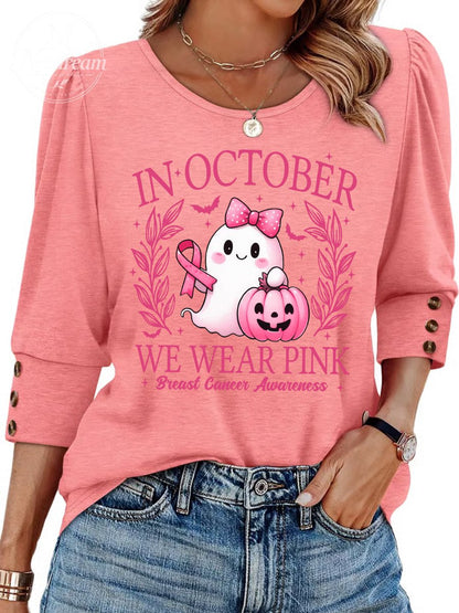 Women's "We Wear October" Pink Graphic Casual 3/4 Sleeve Button Top