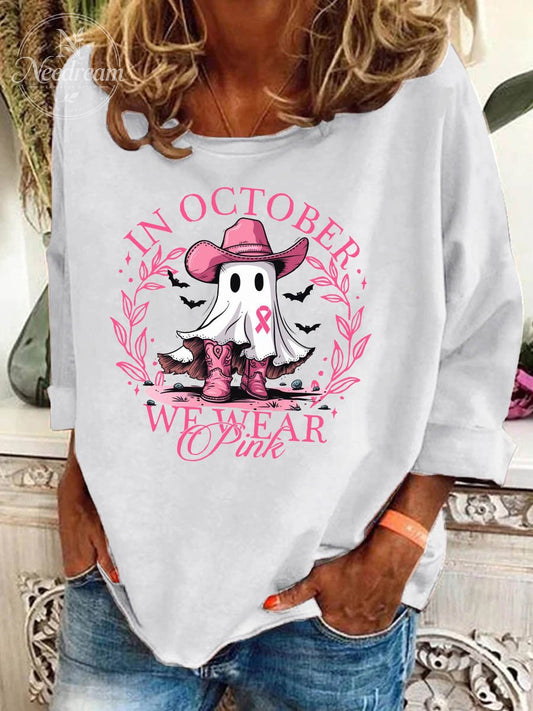 Women's October We Wear Pink Breast Cancer Awareness Western Cowboy Ghost Print Casual Sweatshirt