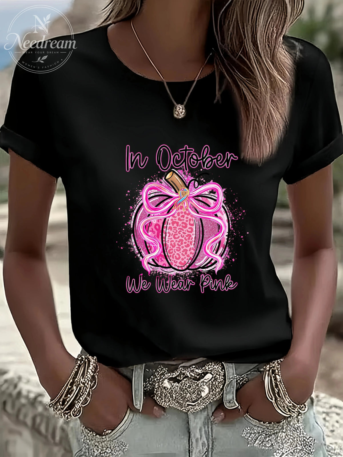 Women'S In October We Wear Pink Casual Round Neck T-Shirt