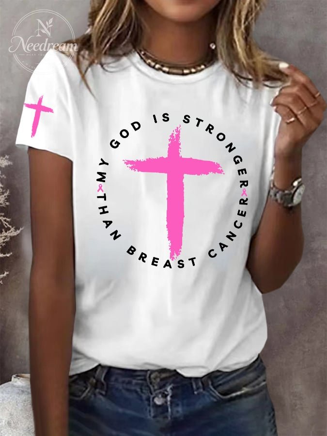 Women's Retro My God Is Stronger Than Breast Cancer Awareness Christian Print T-Shirt
