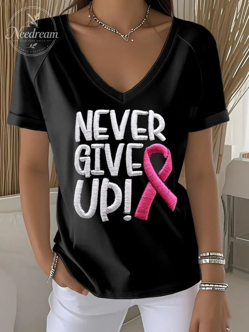 Women's Retro Never Give Up Breast Cancer Awareness Printed Raglan V-Neck T-Shirt