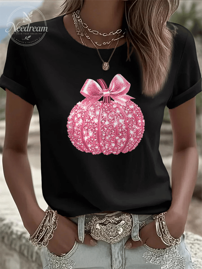 Women's Breast Cancer Sequined Pumpkin Print Crew Neck T-Shirt