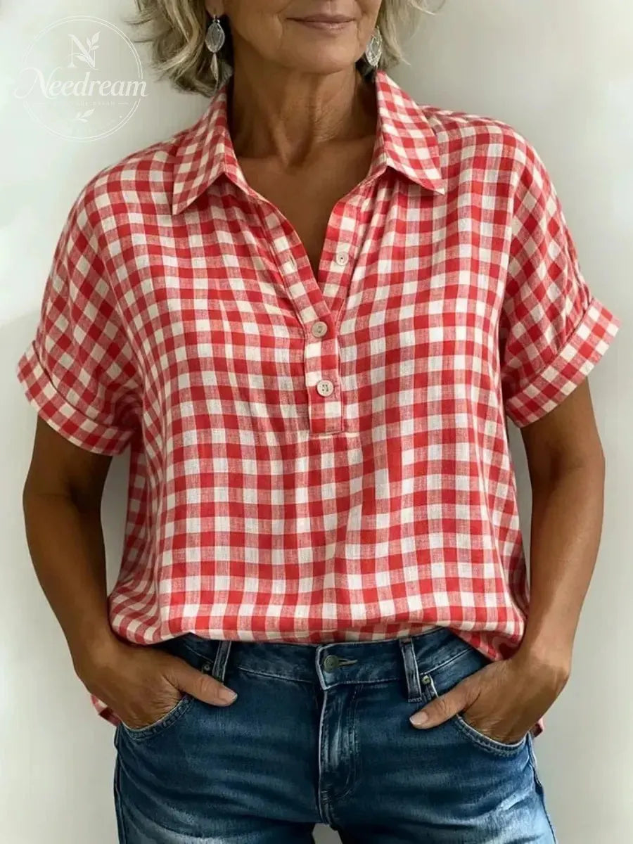 Women's Classic Plaid Cotton-Linen V-Neck Button-Front Shirt