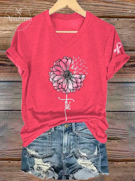 Women's Faith Breast Cancer Awareness Sunflower Print Casual T-Shirt