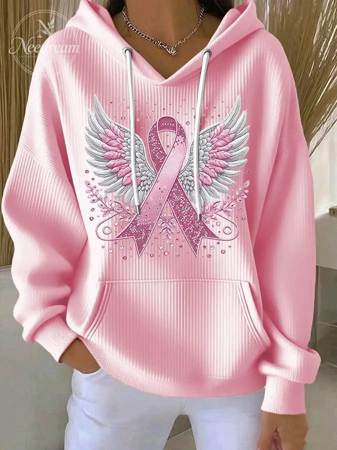 Women's Casual Pink Contrast Ribbon Wings Ribbon Hoodie