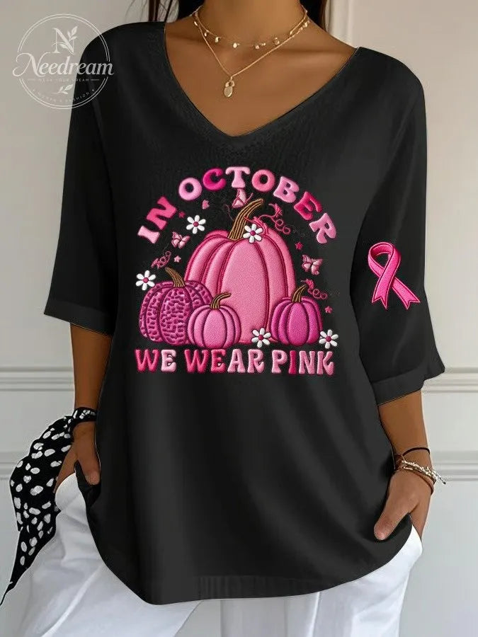 Women's October We Wear Pink Pumpkin Print Ribbed Top