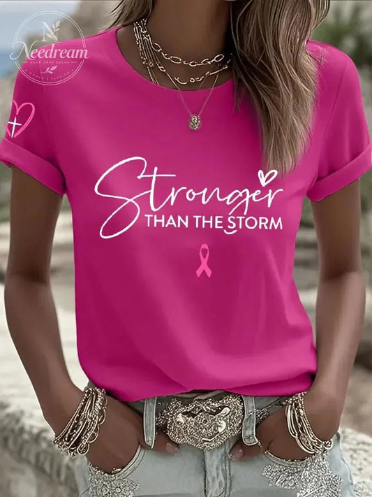 Women's Breast Cancer Christian Stronger Than The Storm Print Casual T-shirt