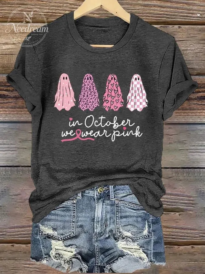 Women's Ghosts In October We Wear Pink Print Casual Round Neck T-shirt