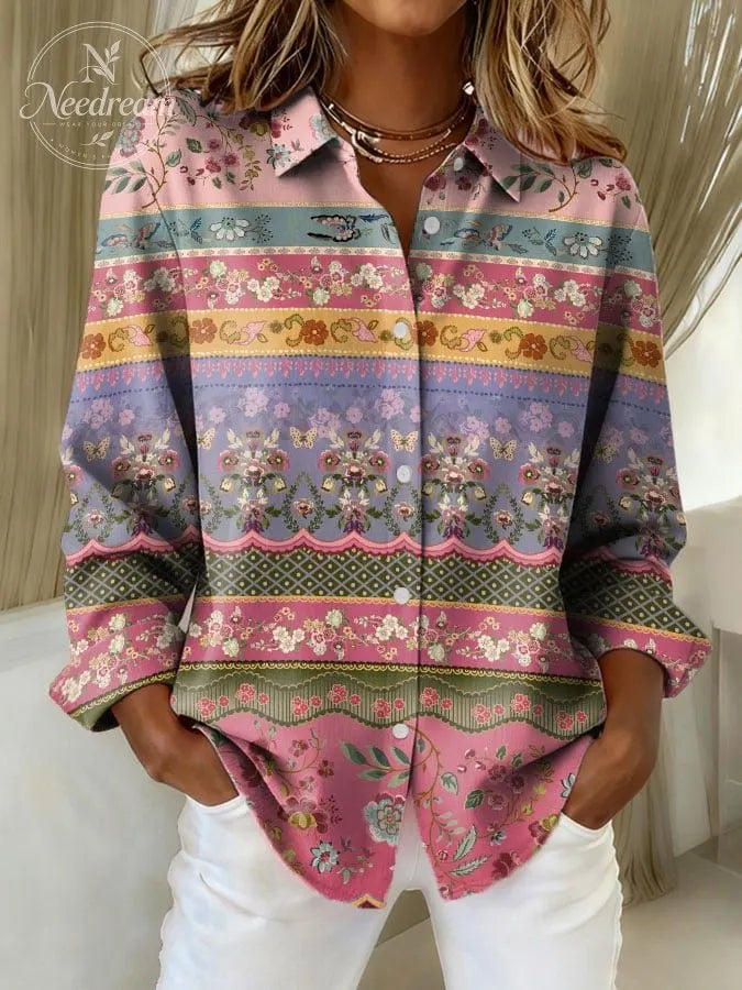 Women's Vintage Pink Striped Floral Print Casual Lapel Shirt