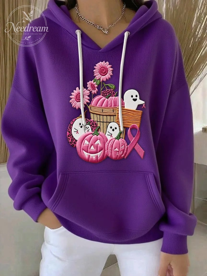 Women's Breast Cancer Sequin Pumpkin Print Casual Hoodie
